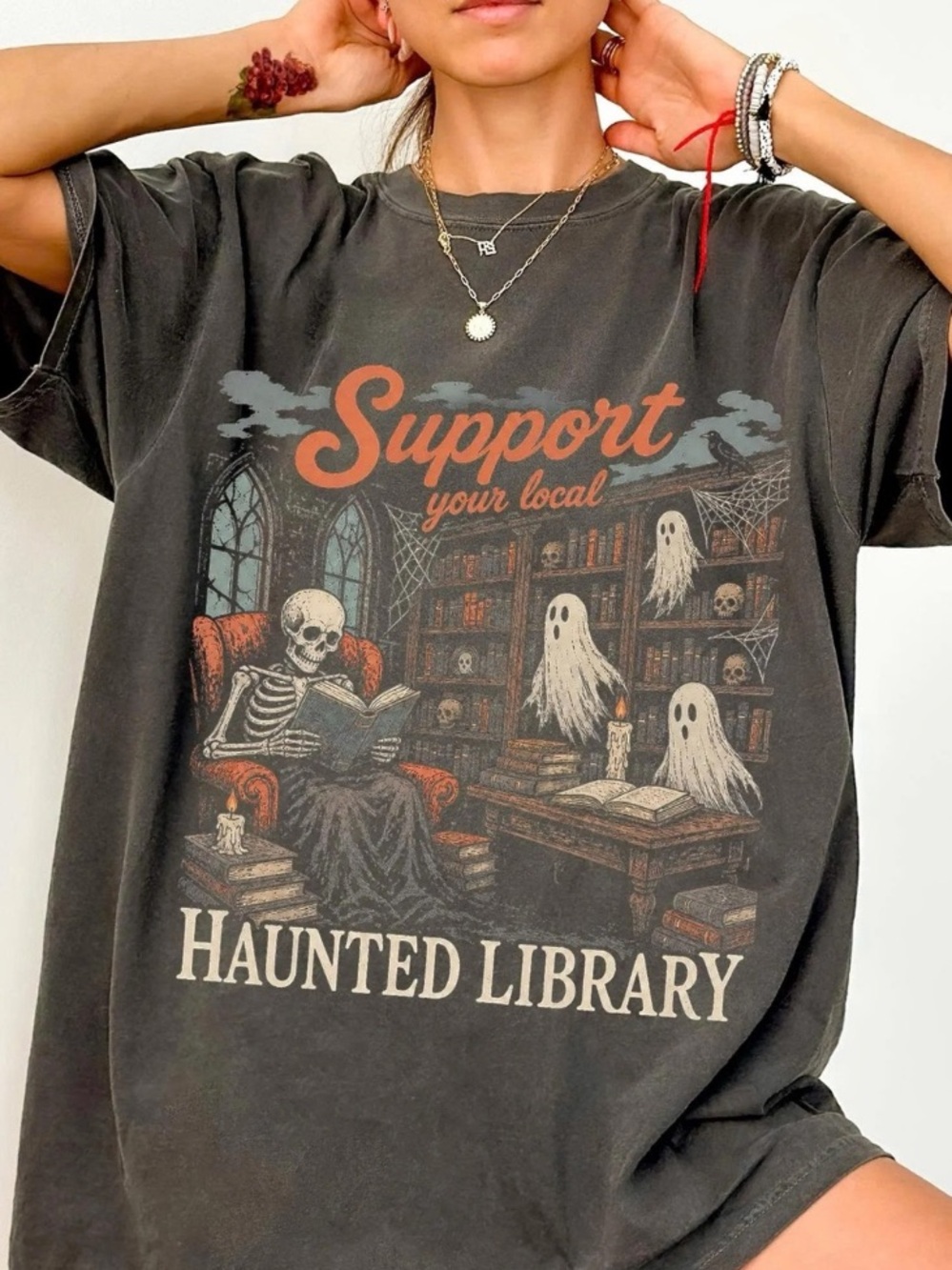 Comfort Vintage Black 'Support Your Local Haunted Library' Graphic Tee